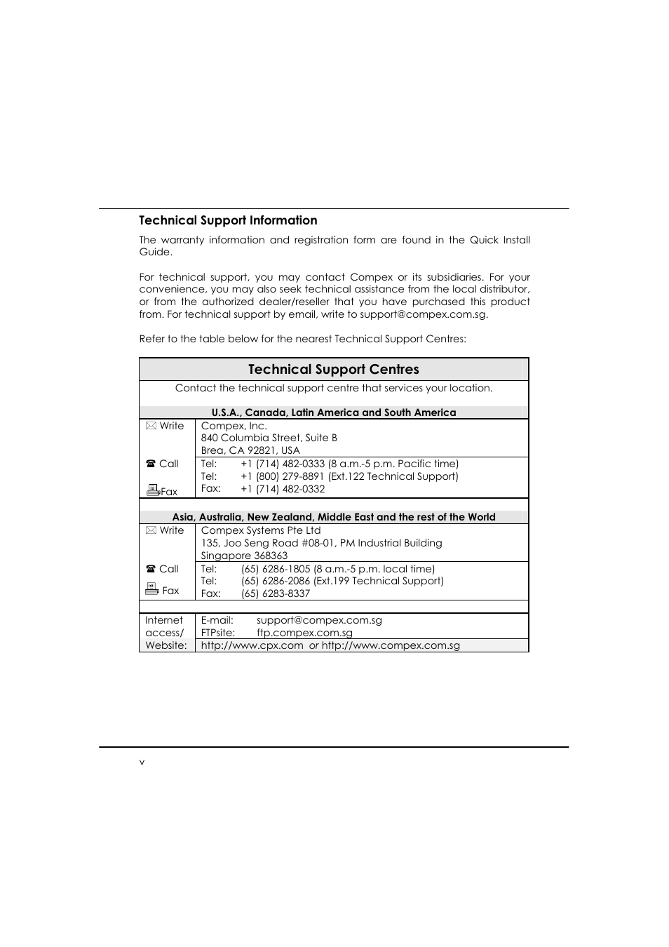 Technical support centres | Compex WP54AG User Manual | Page 5 / 205