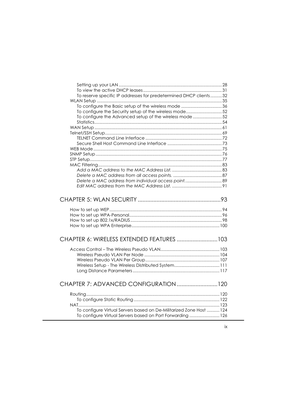 Chapter 5: wlan security, Chapter 6: wireless extended features, Chapter 7: advanced configuration | Compex WP54AG User Manual | Page 9 / 205