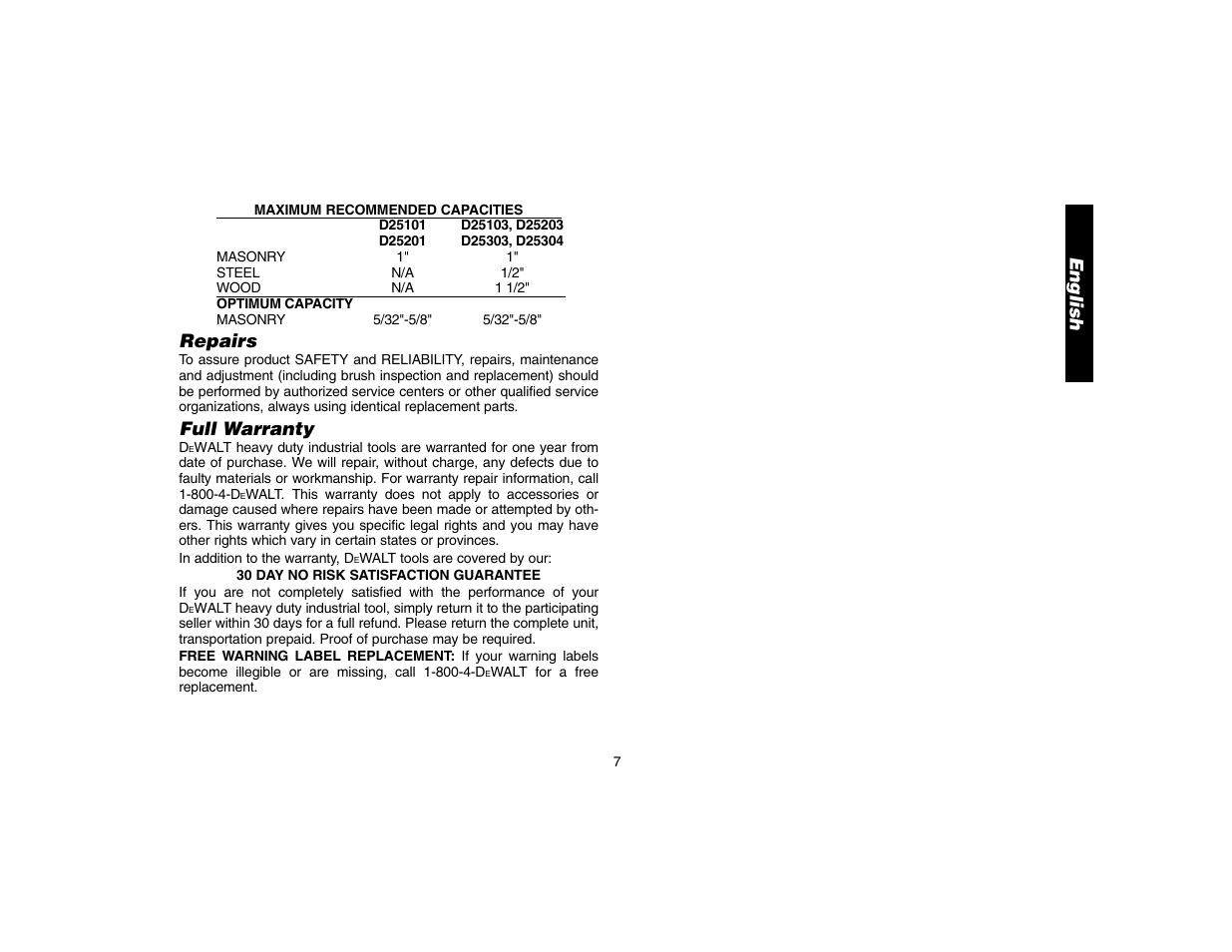 Repairs, Full warranty, English | DeWalt D25304 User Manual | Page 10 / 27