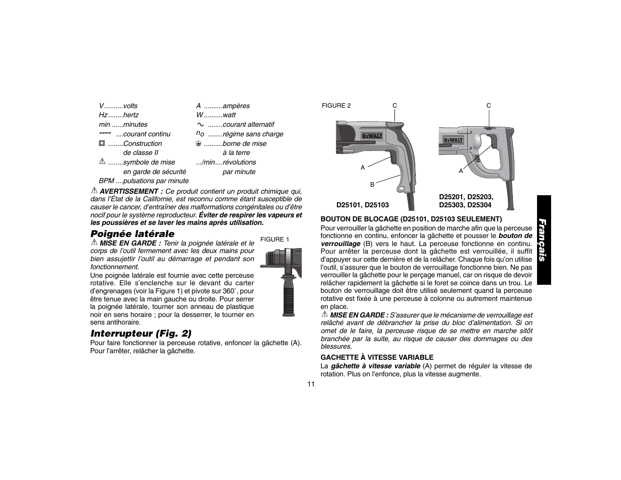 Poignée latérale, Interrupteur (fig. 2), Français | DeWalt D25304 User Manual | Page 14 / 27