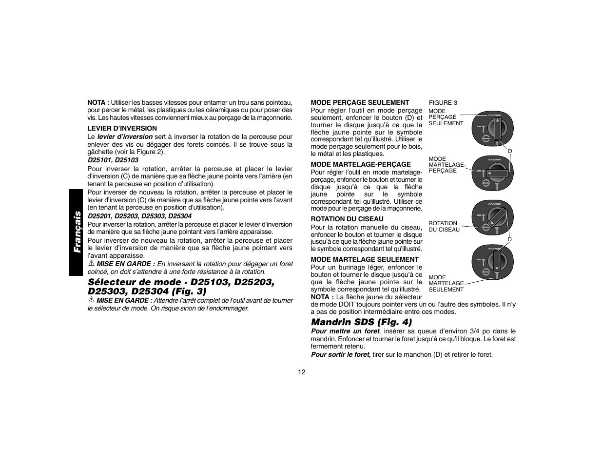 Mandrin sds (fig. 4), Français | DeWalt D25304 User Manual | Page 15 / 27