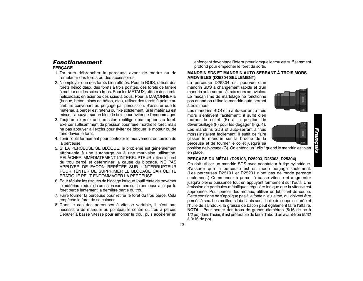 Fonctionnement, Français | DeWalt D25304 User Manual | Page 16 / 27