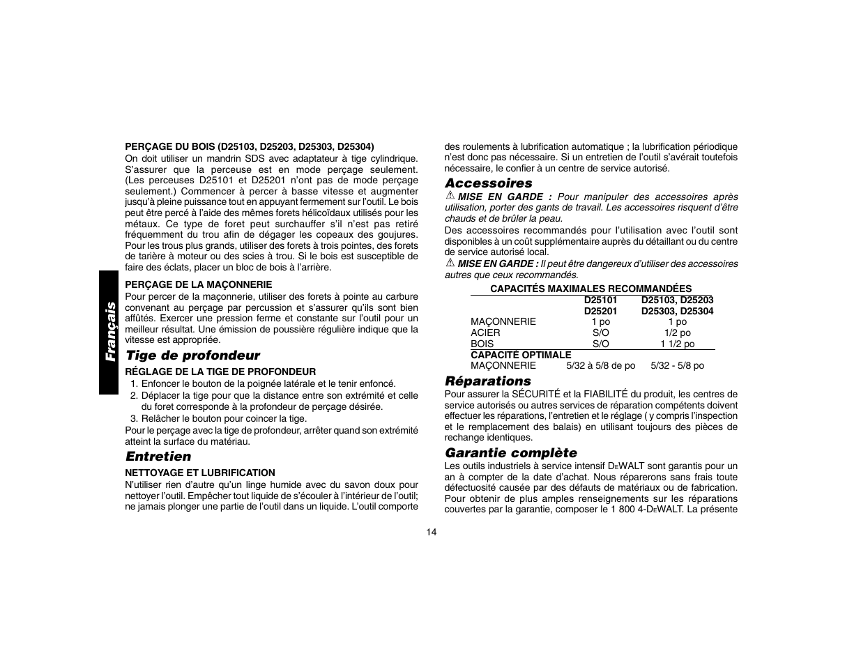 Tige de profondeur, Entretien, Accessoires | Réparations, Garantie complète, Français | DeWalt D25304 User Manual | Page 17 / 27