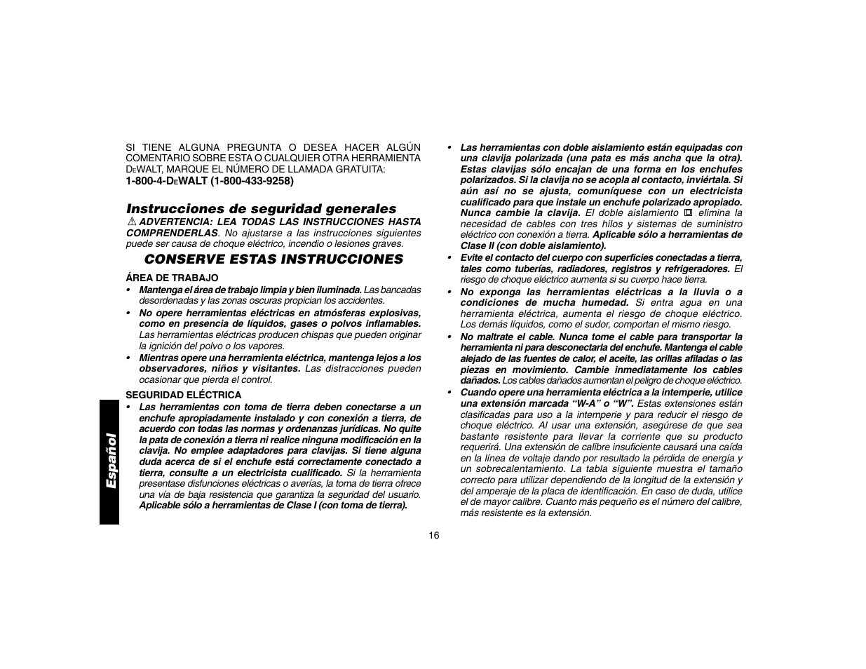 Instrucciones de seguridad generales, Conserve estas instrucciones, Español | DeWalt D25304 User Manual | Page 19 / 27