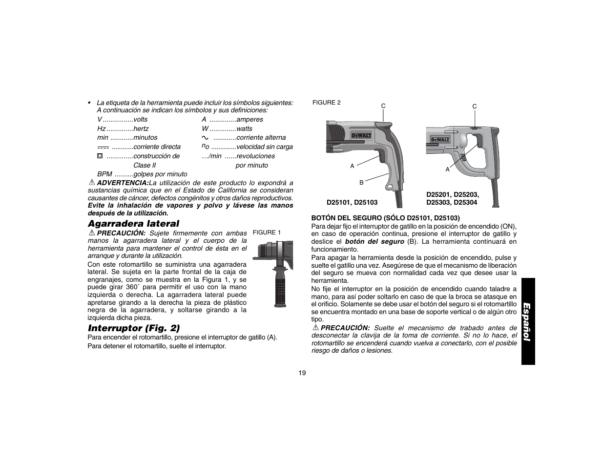 Agarradera lateral, Interruptor (fig. 2), Español | DeWalt D25304 User Manual | Page 22 / 27