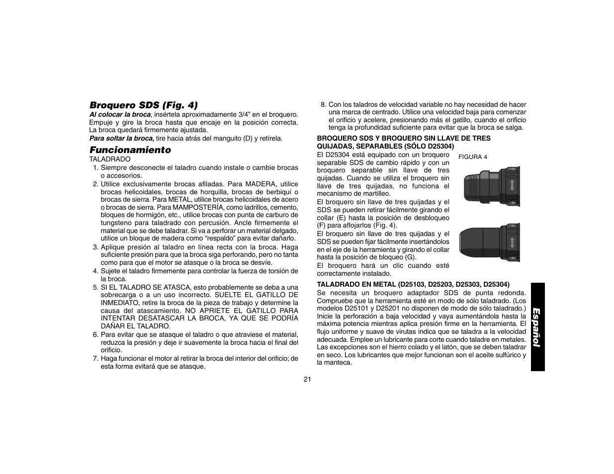 Broquero sds (fig. 4), Funcionamiento, Español | DeWalt D25304 User Manual | Page 24 / 27