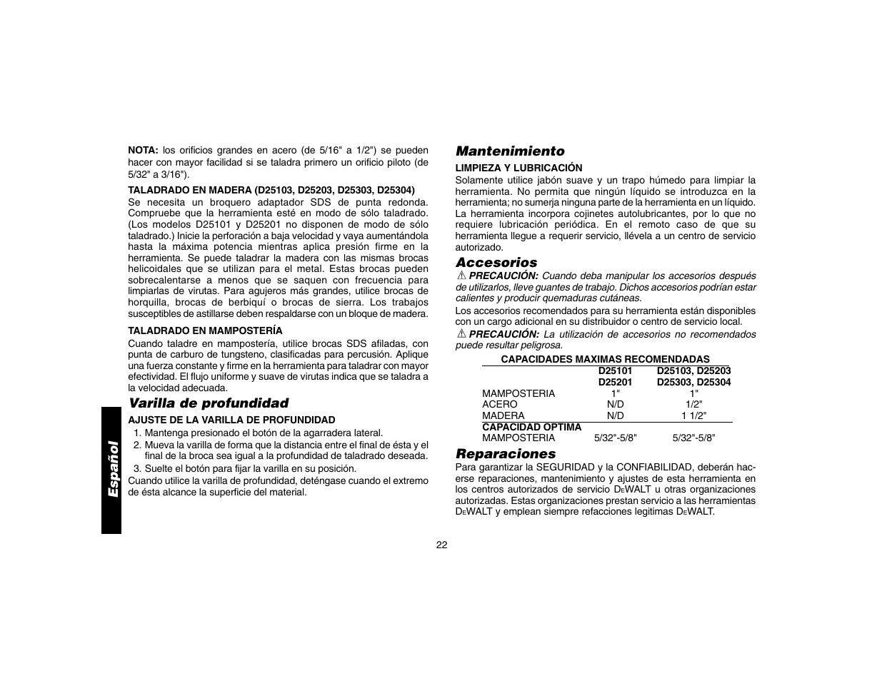 Varilla de profundidad, Mantenimiento, Accesorios | Reparaciones, Español | DeWalt D25304 User Manual | Page 25 / 27
