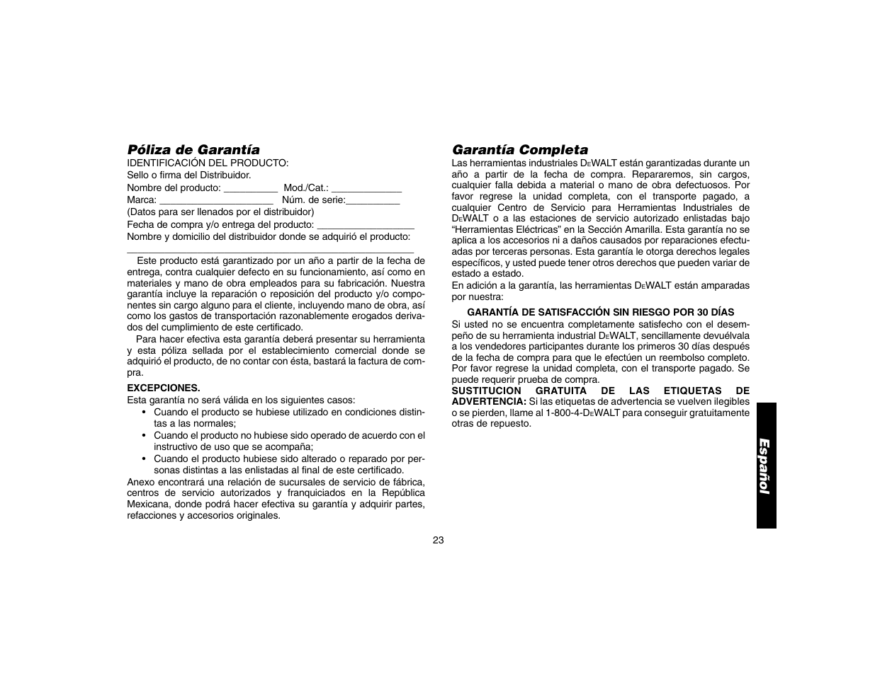Póliza de garantía, Garantía completa, Español | DeWalt D25304 User Manual | Page 26 / 27