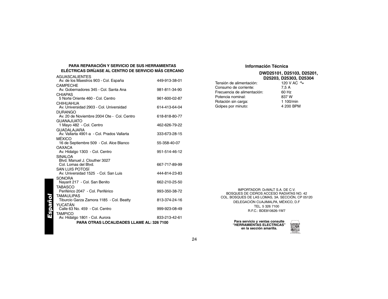 Español | DeWalt D25304 User Manual | Page 27 / 27