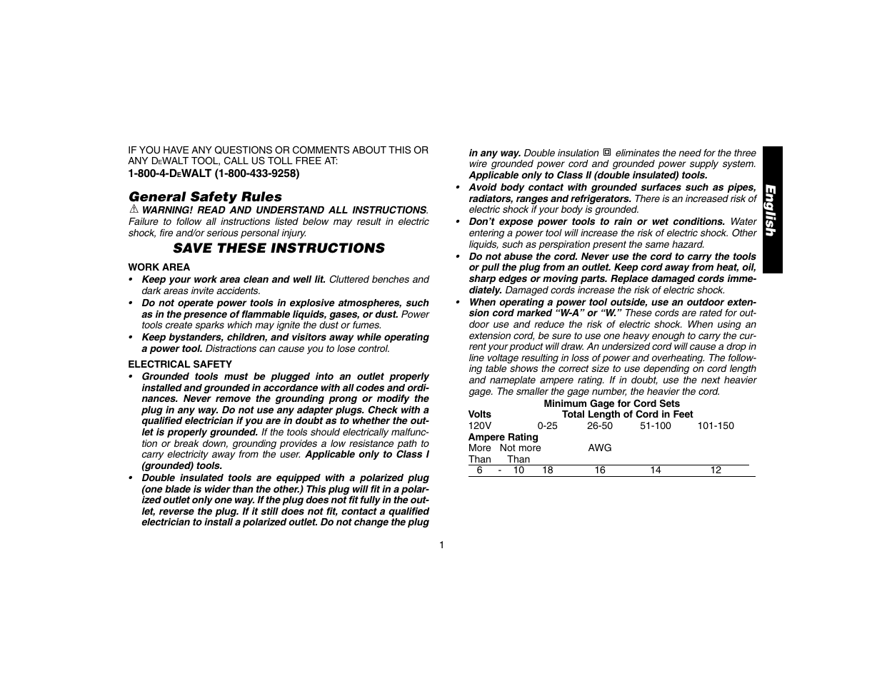 General safety rules, Save these instructions, English | DeWalt D25304 User Manual | Page 4 / 27