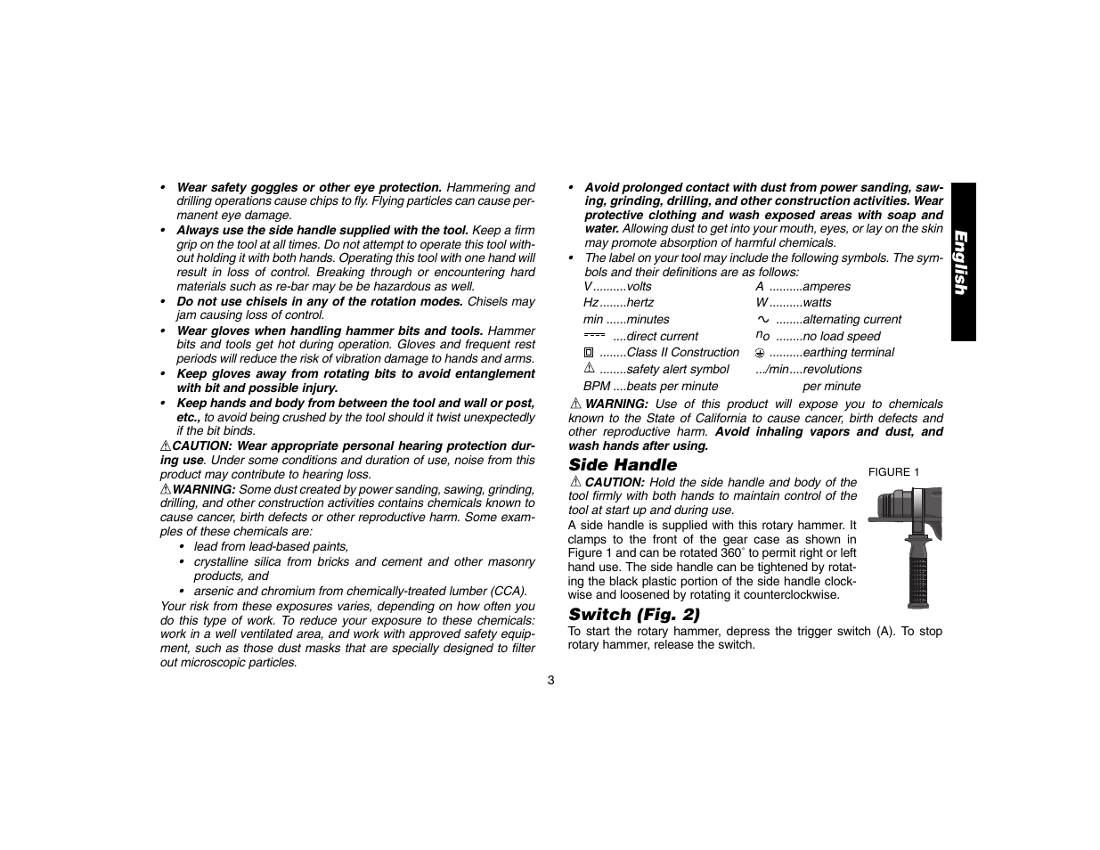 Side handle, Switch (fig. 2), English | DeWalt D25304 User Manual | Page 6 / 27
