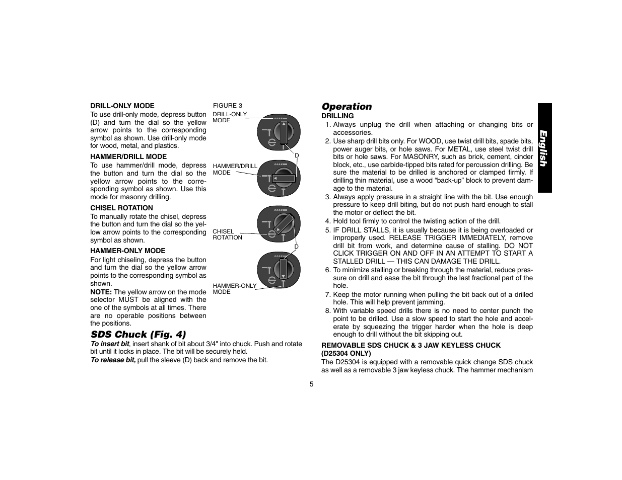Sds chuck (fig. 4), English operation | DeWalt D25304 User Manual | Page 8 / 27