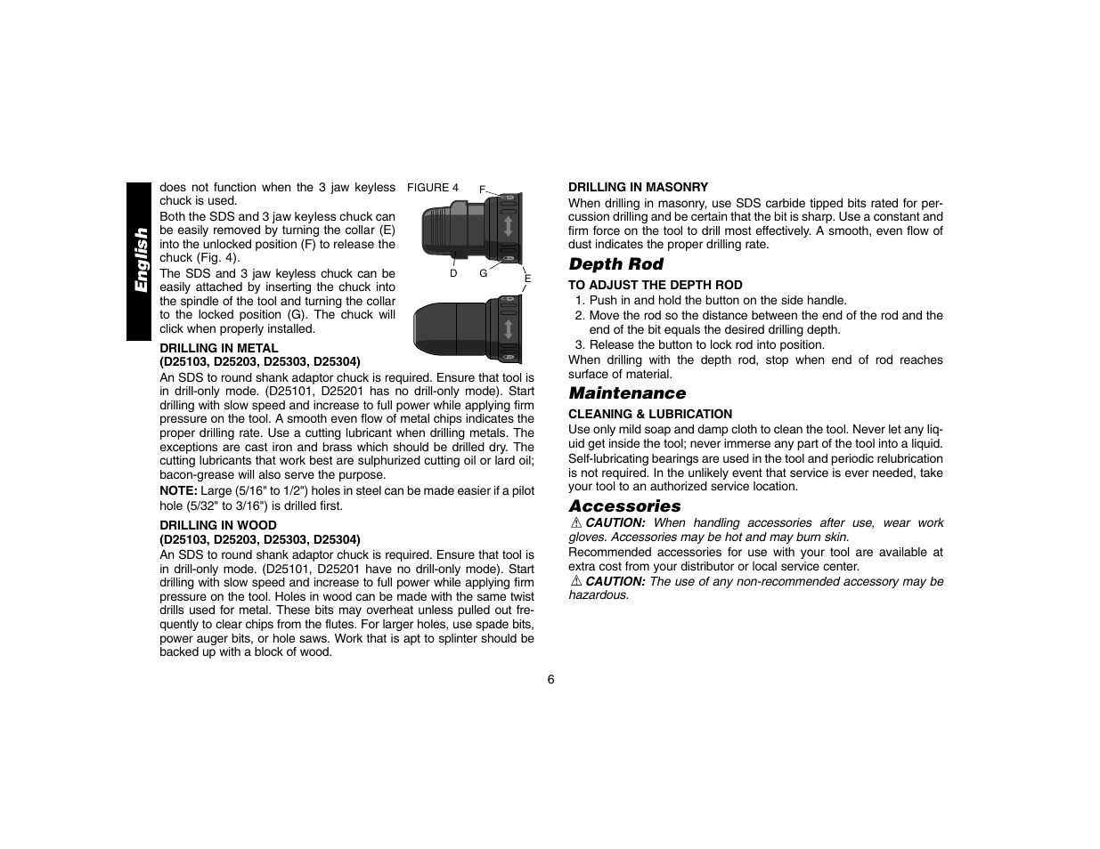 Depth rod, Maintenance, Accessories | English | DeWalt D25304 User Manual | Page 9 / 27