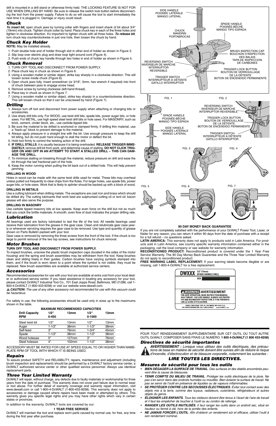 Chuck, Chuck key holder, Chuck removal | Drilling, Lubrication, Motor brushes, Accessories, Repairs, Three year limited warranty, Directives de sécurité importantes | DeWalt DW131 User Manual | Page 2 / 5