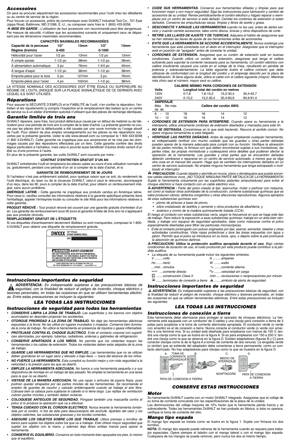 Accessoires, Réparations, Garantie limitée de trois ans | Instrucciones importantes de seguridad, Conserve estas instrucciones motor, Mango tipo espada | DeWalt DW131 User Manual | Page 4 / 5