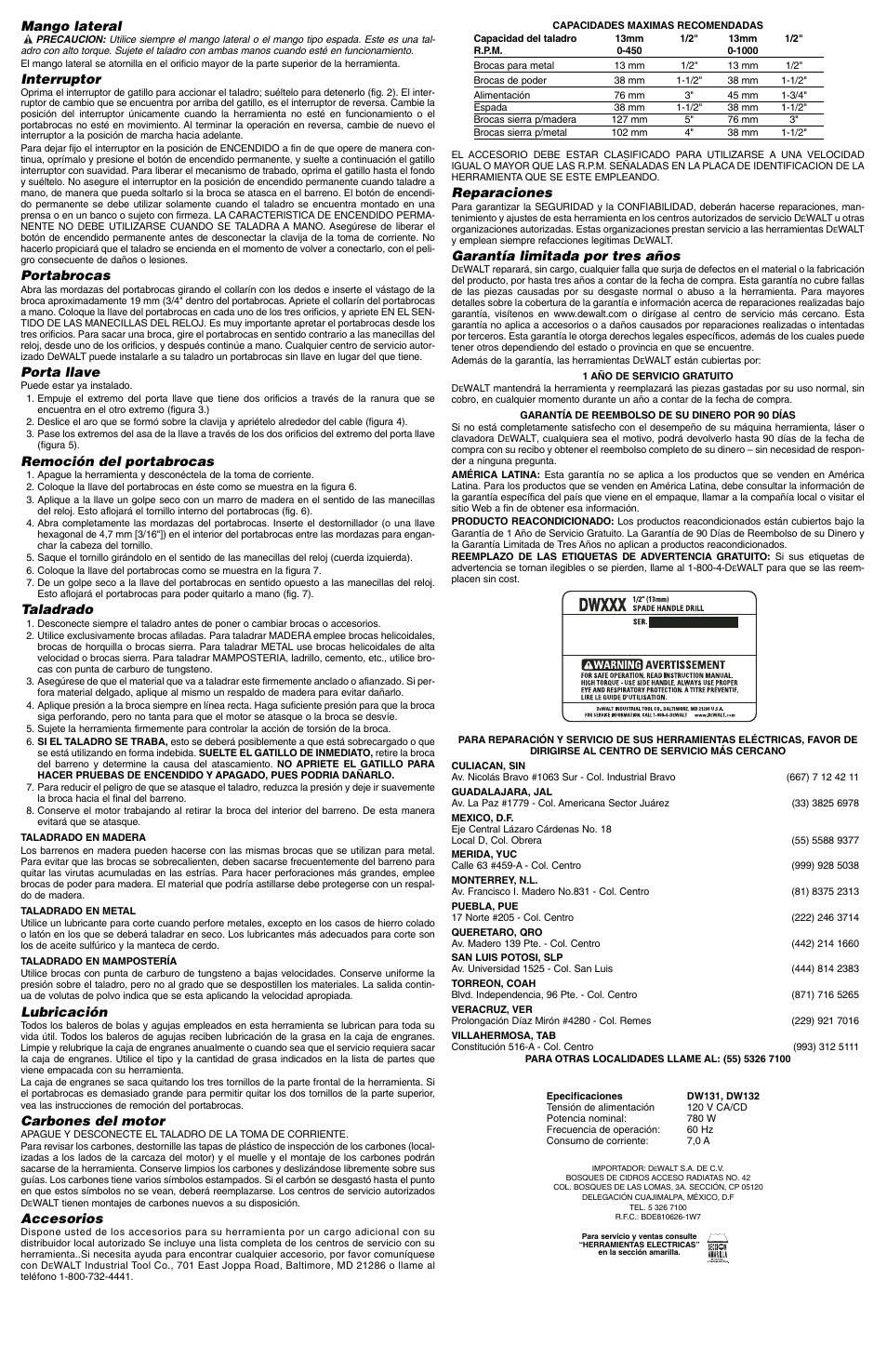 Mango lateral, Interruptor, Portabrocas | Porta llave, Remoción del portabrocas, Taladrado, Lubricación, Carbones del motor, Accesorios, Reparaciones | DeWalt DW131 User Manual | Page 5 / 5