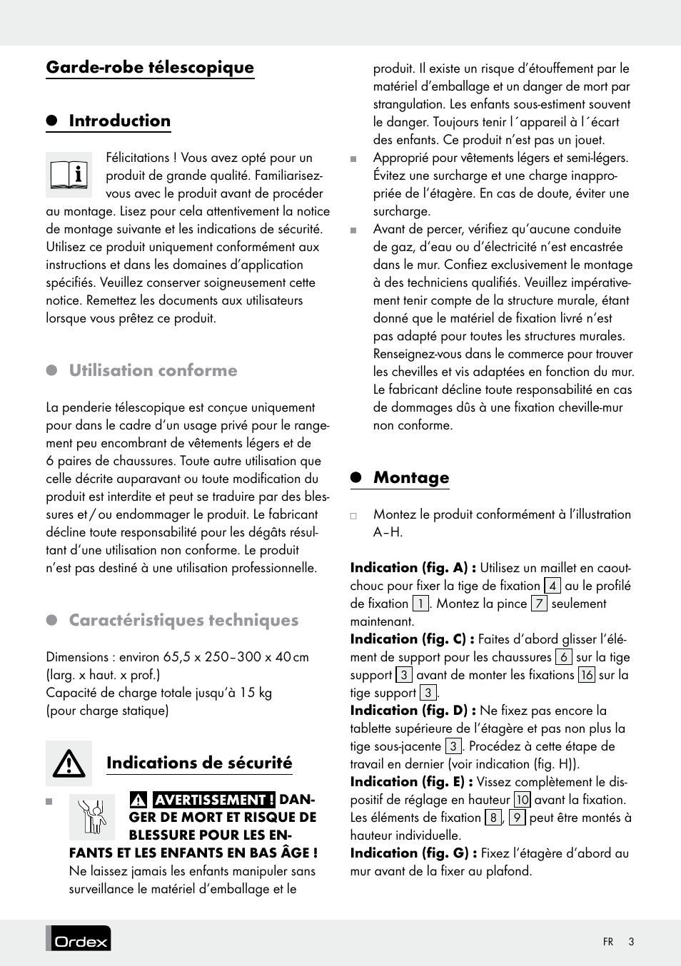 Garde-robe télescopique introduction, Utilisation conforme, Caractéristiques techniques | Indications de sécurité, Montage | Ordex Telescopic Wardrobe System User Manual | Page 3 / 15