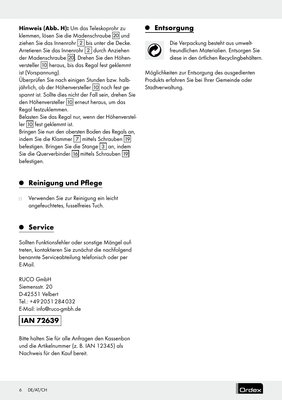 Reinigung und pflege, Service, Entsorgung | Ordex Telescopic Wardrobe System User Manual | Page 6 / 15