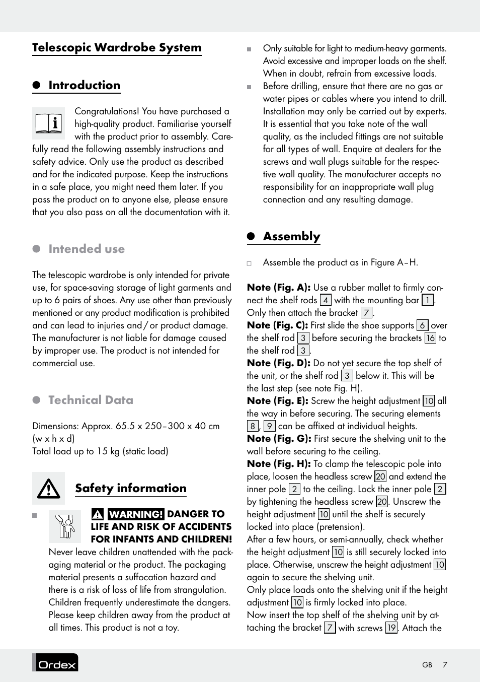 Telescopic wardrobe system introduction, Intended use, Technical data | Safety information, Assembly | Ordex Telescopic Wardrobe System User Manual | Page 7 / 15