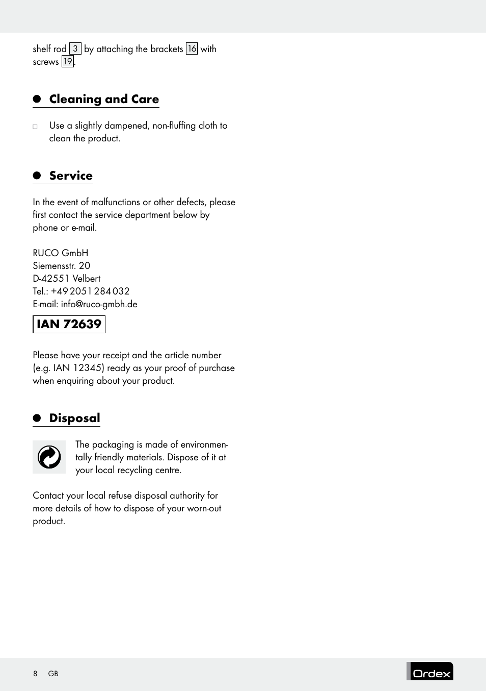 Cleaning and care, Service, Disposal | Ordex Telescopic Wardrobe System User Manual | Page 8 / 15