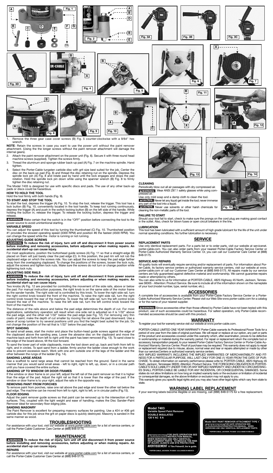 Service, Accessories, Warranty | Warning label replacement, Troubleshooting, Maintenance | Porter-Cable a22946 User Manual | Page 2 / 6