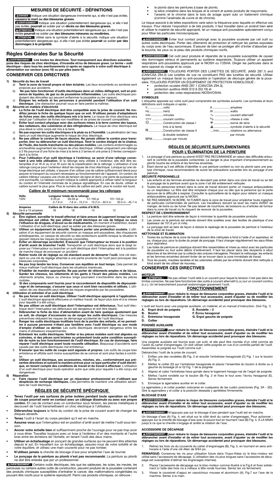 Règles générales sur la sécurité, Mesures de sécurité - définitions, Conserver ces directives | Règles de sécurité spécifique, Fonctionnement | Porter-Cable a22946 User Manual | Page 3 / 6