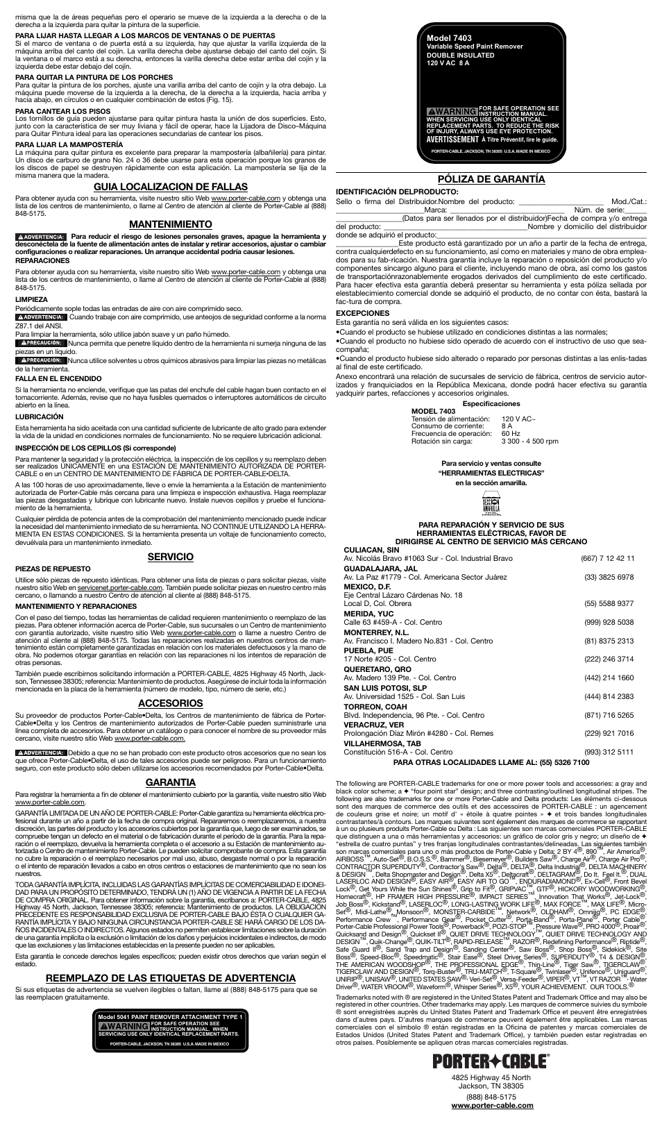 Guia localizacion de fallas, Mantenimiento, Servicio | Accesorios, Garantia, Reemplazo de las etiquetas de advertencia, Póliza de garantía | Porter-Cable a22946 User Manual | Page 6 / 6