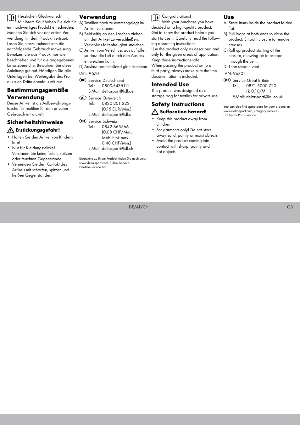 Bestimmungsgemäße verwendung, Sicherheitshinweise, Verwendung | Intended use, Safety instructions | Ordex Vacuum Storage Bags User Manual | Page 2 / 2