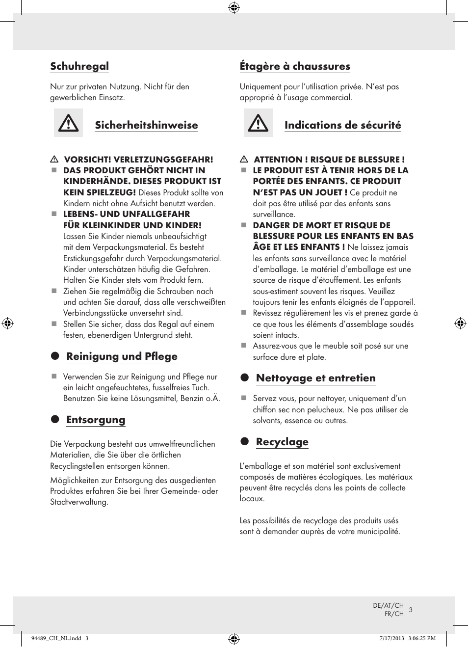 Schuhregal, Sicherheitshinweise, Reinigung und pflege | Entsorgung, Étagère à chaussures, Indications de sécurité, Nettoyage et entretien, Recyclage | Ordex Z15476 User Manual | Page 3 / 7