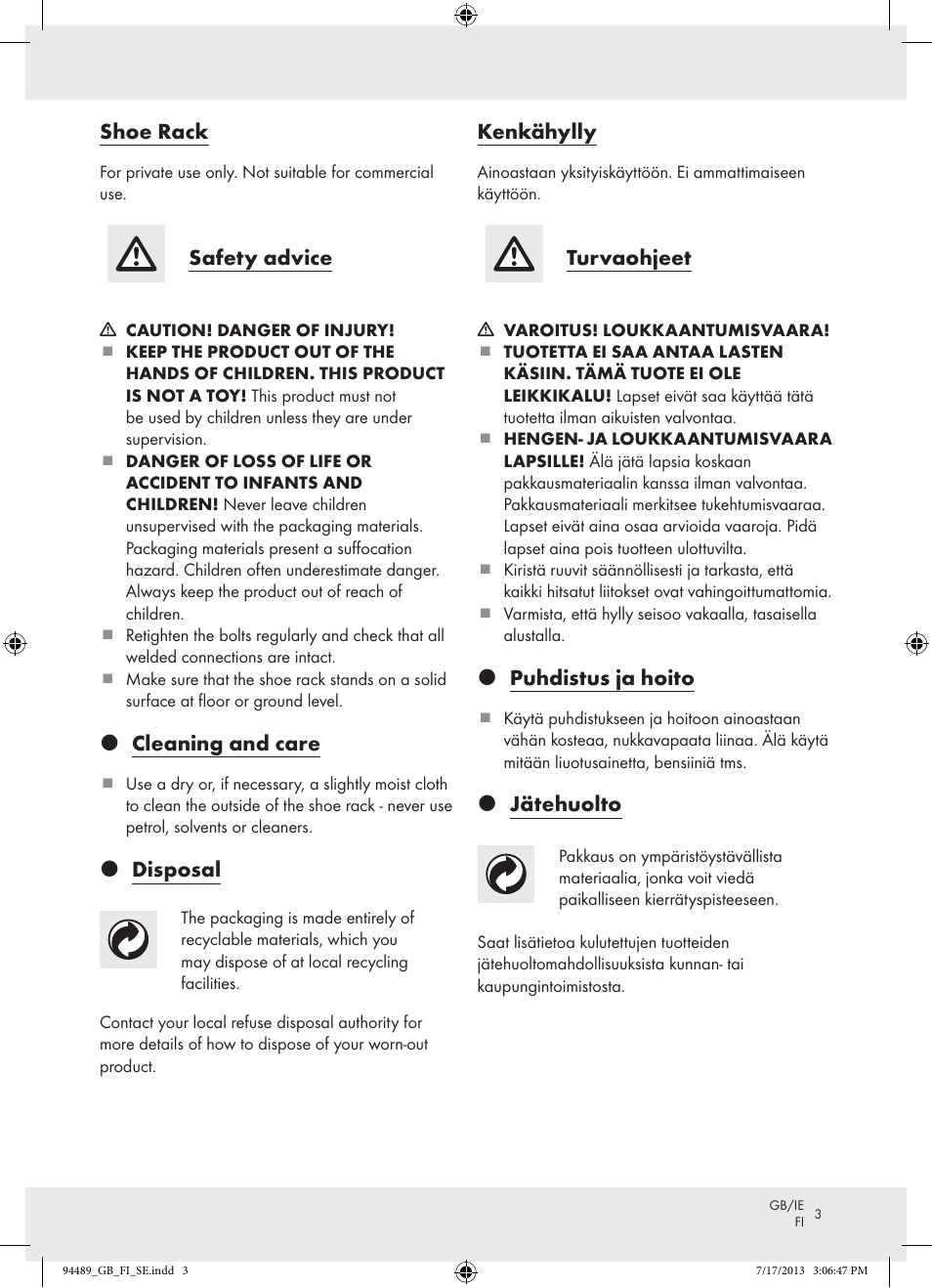 Shoe rack, Safety advice, Z cleaning and care | Z disposal, Kenkähylly, Turvaohjeet, Z puhdistus ja hoito, Z jätehuolto | Ordex Z15476 User Manual | Page 3 / 9