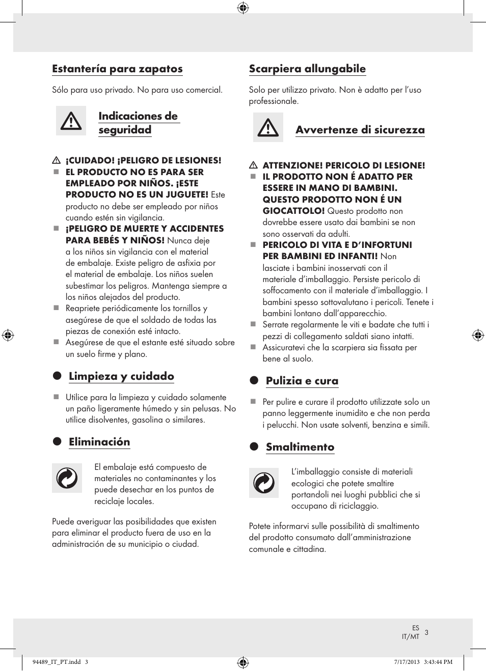 Estantería para zapatos, Indicaciones de seguridad, Z limpieza y cuidado | Z eliminación, Scarpiera allungabile, Avvertenze di sicurezza, Z pulizia e cura, Z smaltimento | Ordex Z15476 User Manual | Page 3 / 8