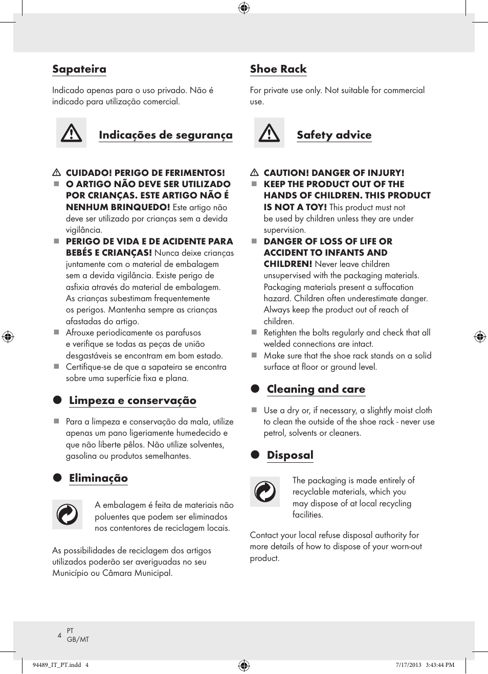 Sapateira, Indicações de segurança, Z limpeza e conservação | Z eliminação, Shoe rack, Safety advice, Z cleaning and care, Z disposal | Ordex Z15476 User Manual | Page 4 / 8
