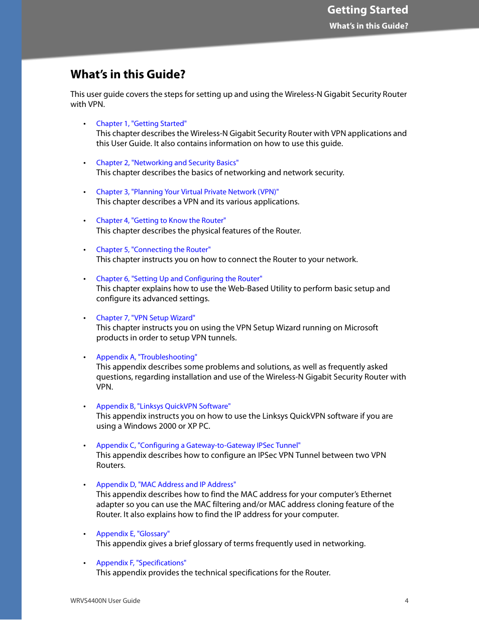 What’s in this guide, Getting started | Linksys WRVS4400N User Manual | Page 10 / 180