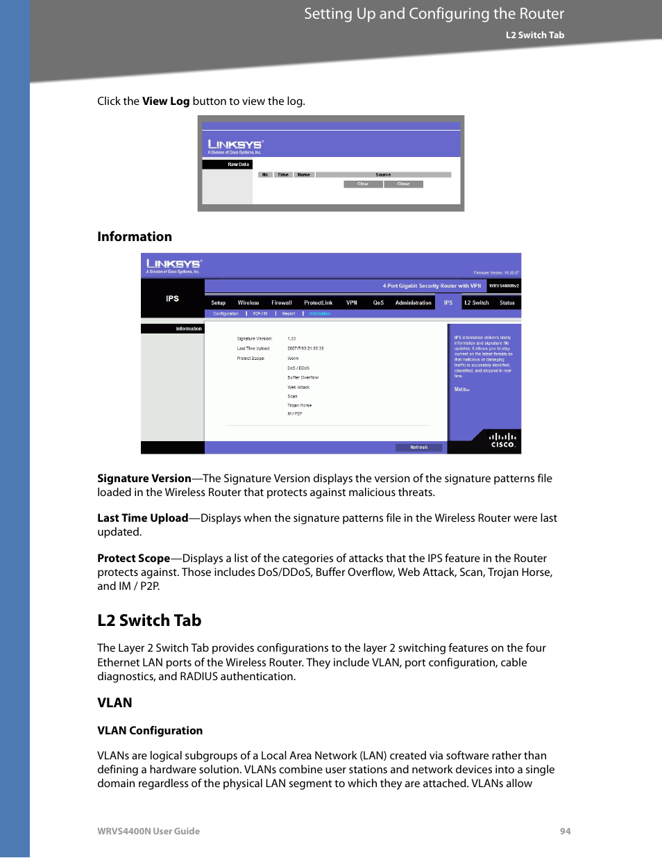 Information, L2 switch tab, Vlan | Vlan configuration, Setting up and configuring the router | Linksys WRVS4400N User Manual | Page 100 / 180