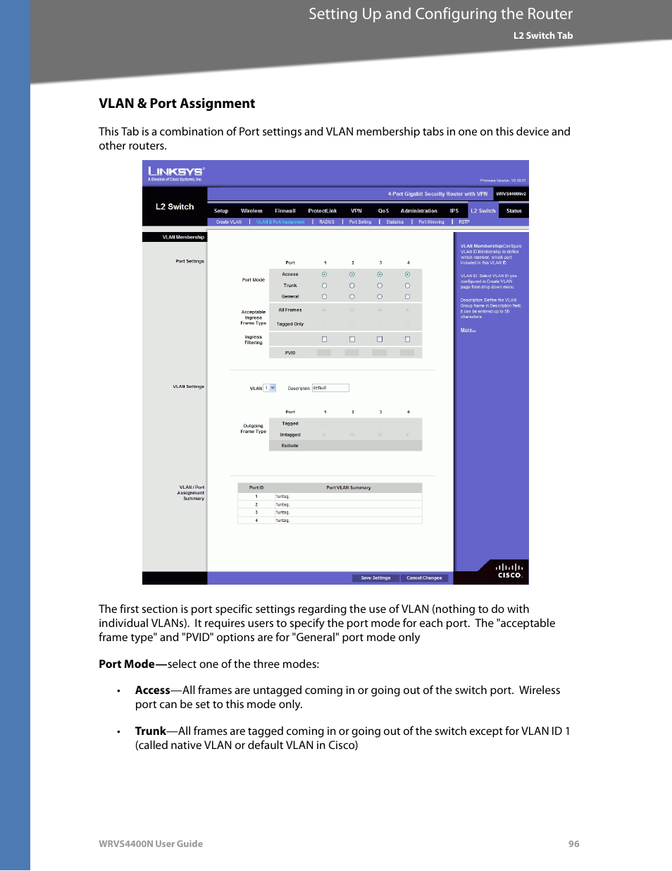 Vlan & port assignment, Setting up and configuring the router | Linksys WRVS4400N User Manual | Page 102 / 180