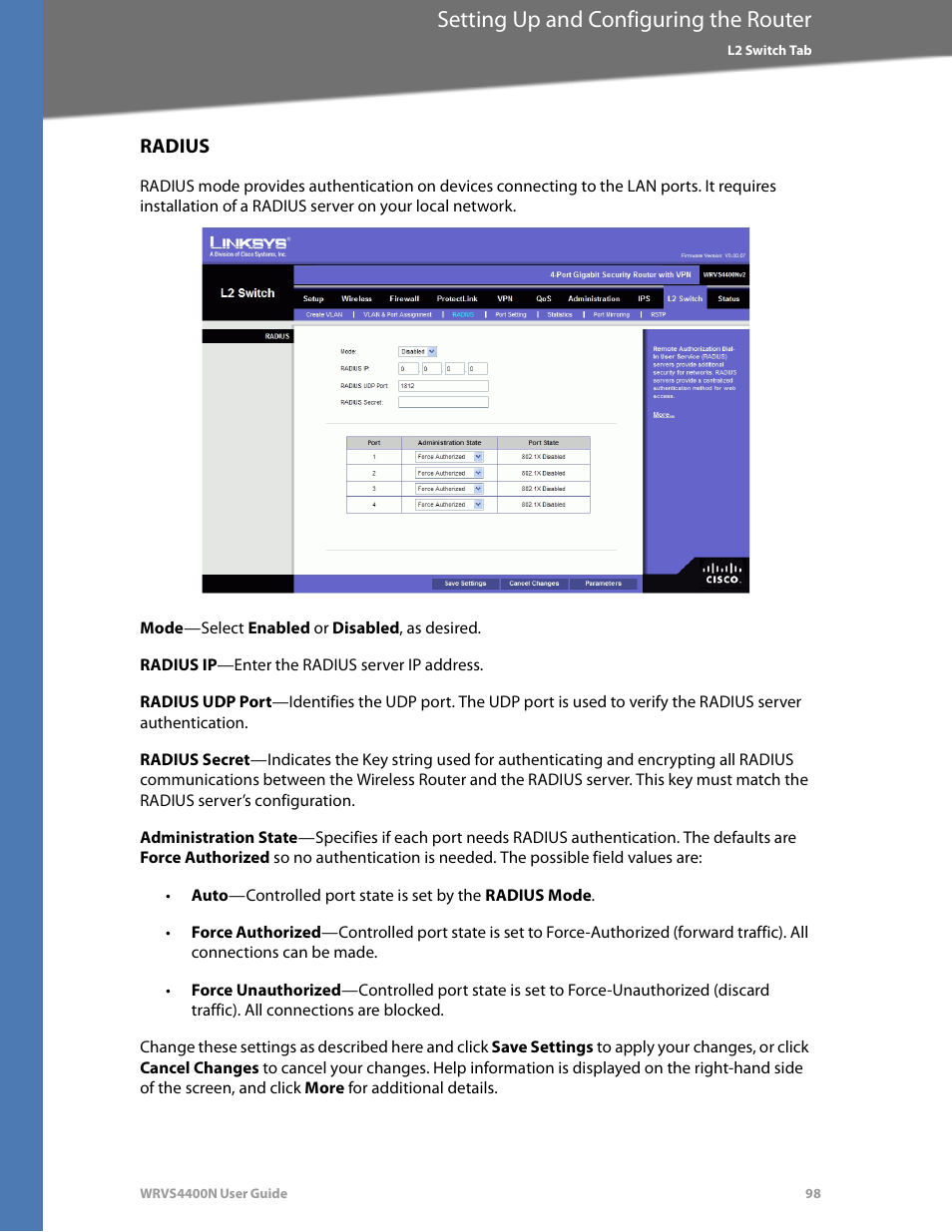Radius, Setting up and configuring the router | Linksys WRVS4400N User Manual | Page 104 / 180