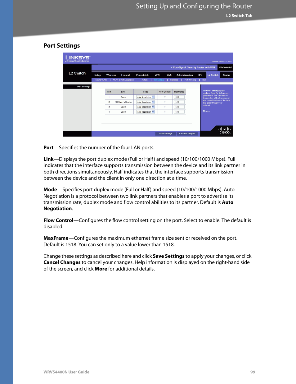 Port settings, Setting up and configuring the router | Linksys WRVS4400N User Manual | Page 105 / 180