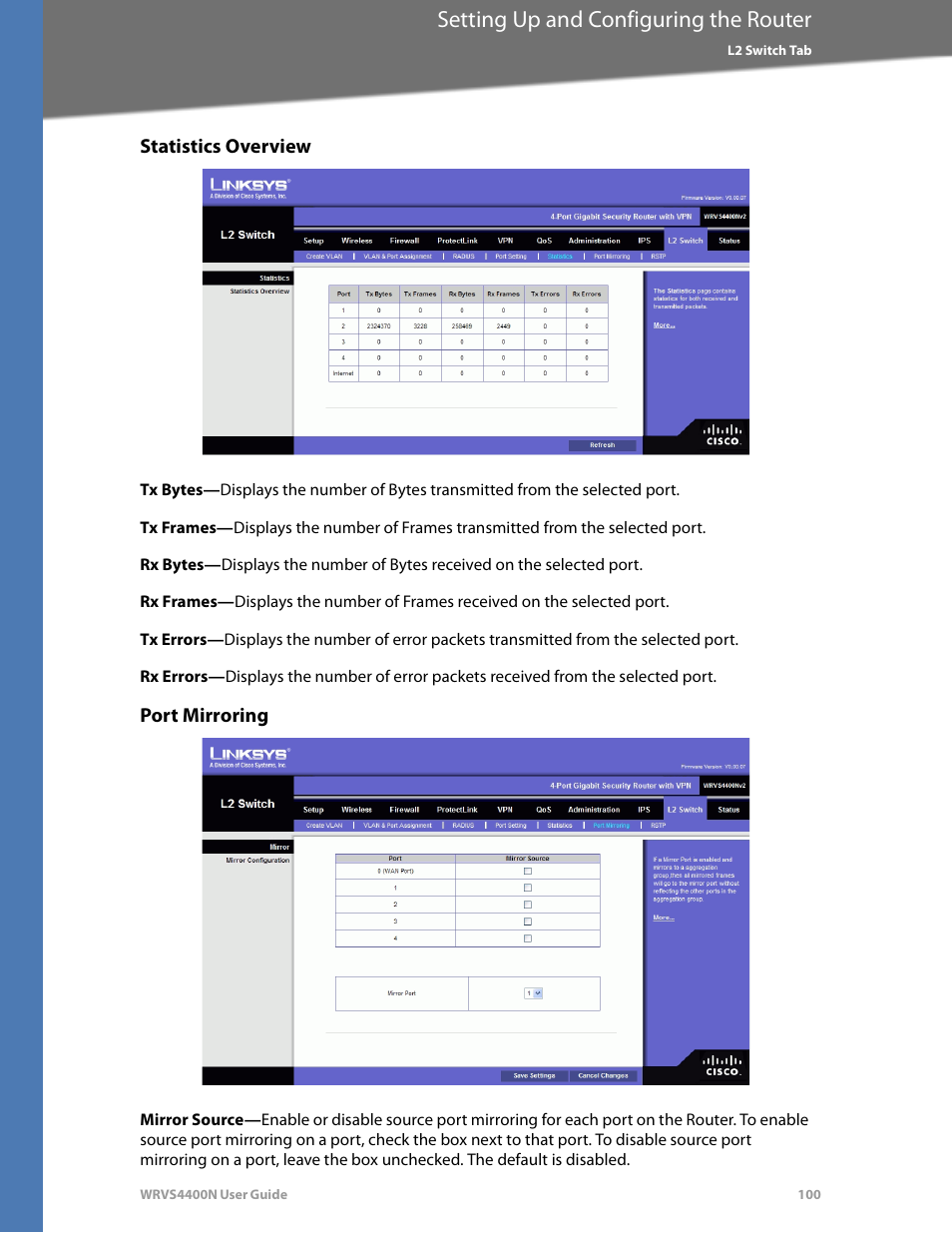 Statistics overview, Port mirroring, Setting up and configuring the router | Linksys WRVS4400N User Manual | Page 106 / 180