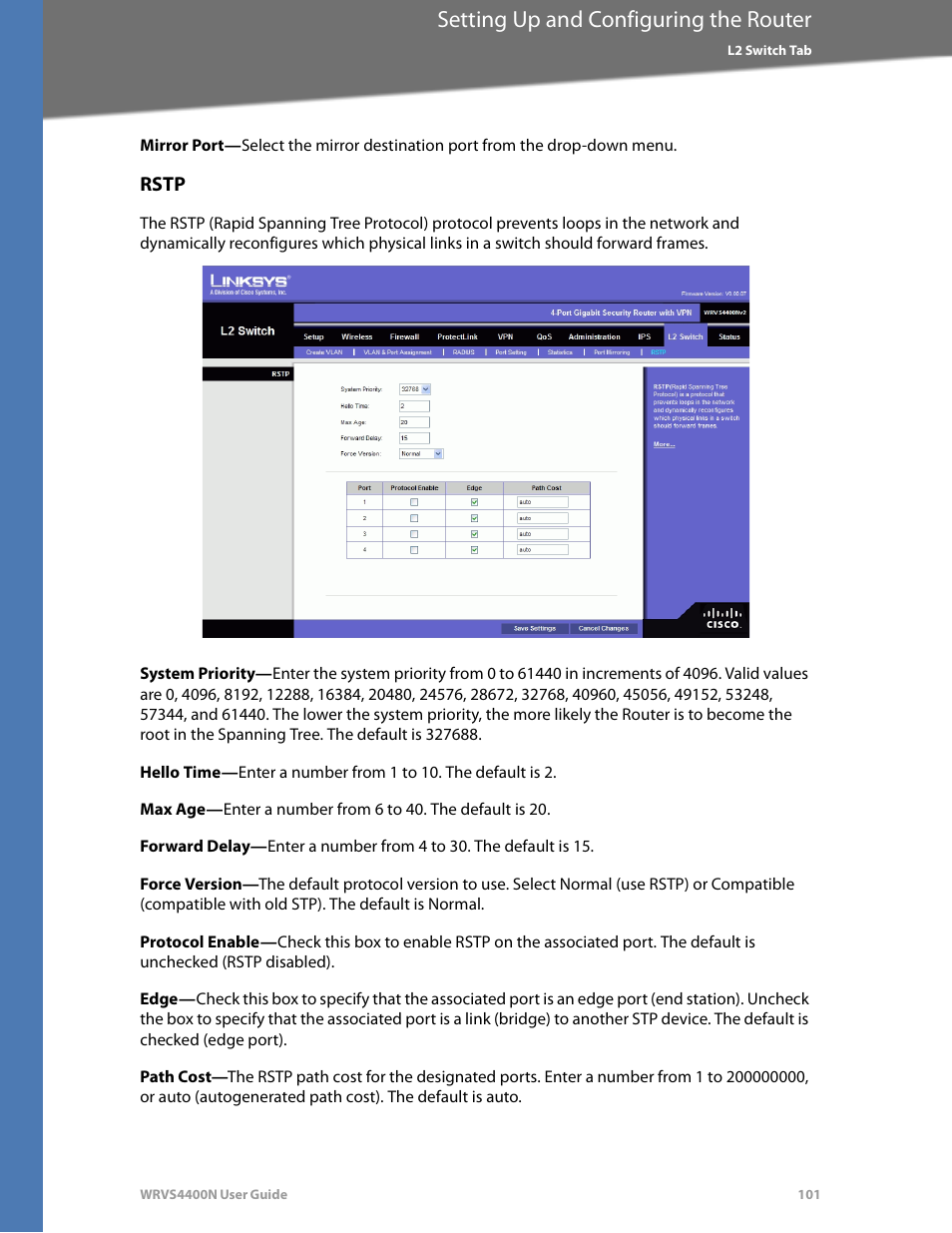 Rstp, Setting up and configuring the router | Linksys WRVS4400N User Manual | Page 107 / 180