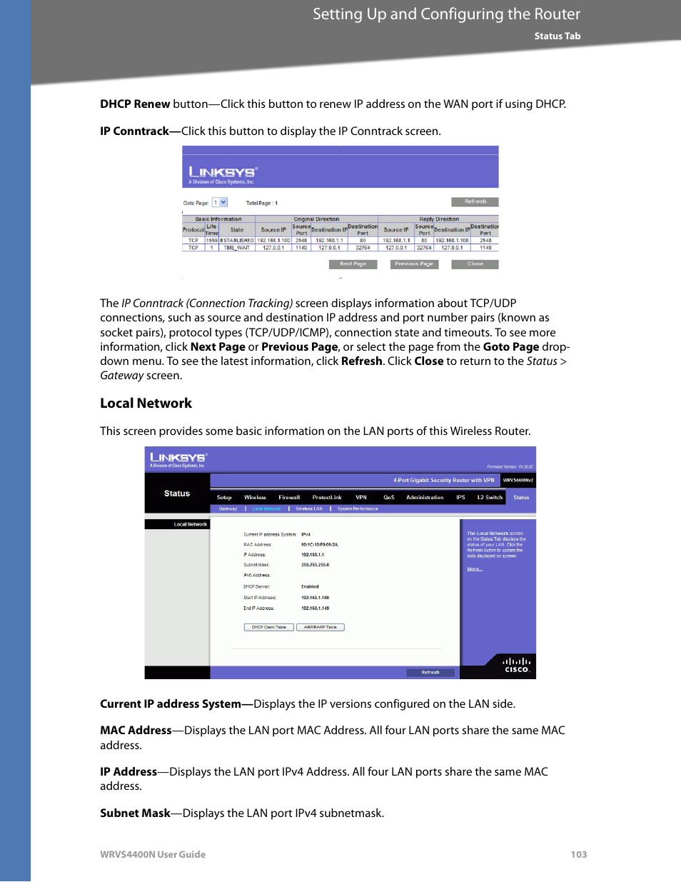 Local network, Setting up and configuring the router | Linksys WRVS4400N User Manual | Page 109 / 180