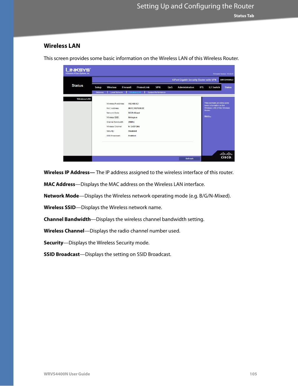 Wireless lan, Setting up and configuring the router | Linksys WRVS4400N User Manual | Page 111 / 180