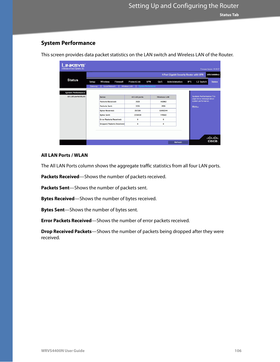 System performance, All lan ports / wlan, Setting up and configuring the router | Linksys WRVS4400N User Manual | Page 112 / 180