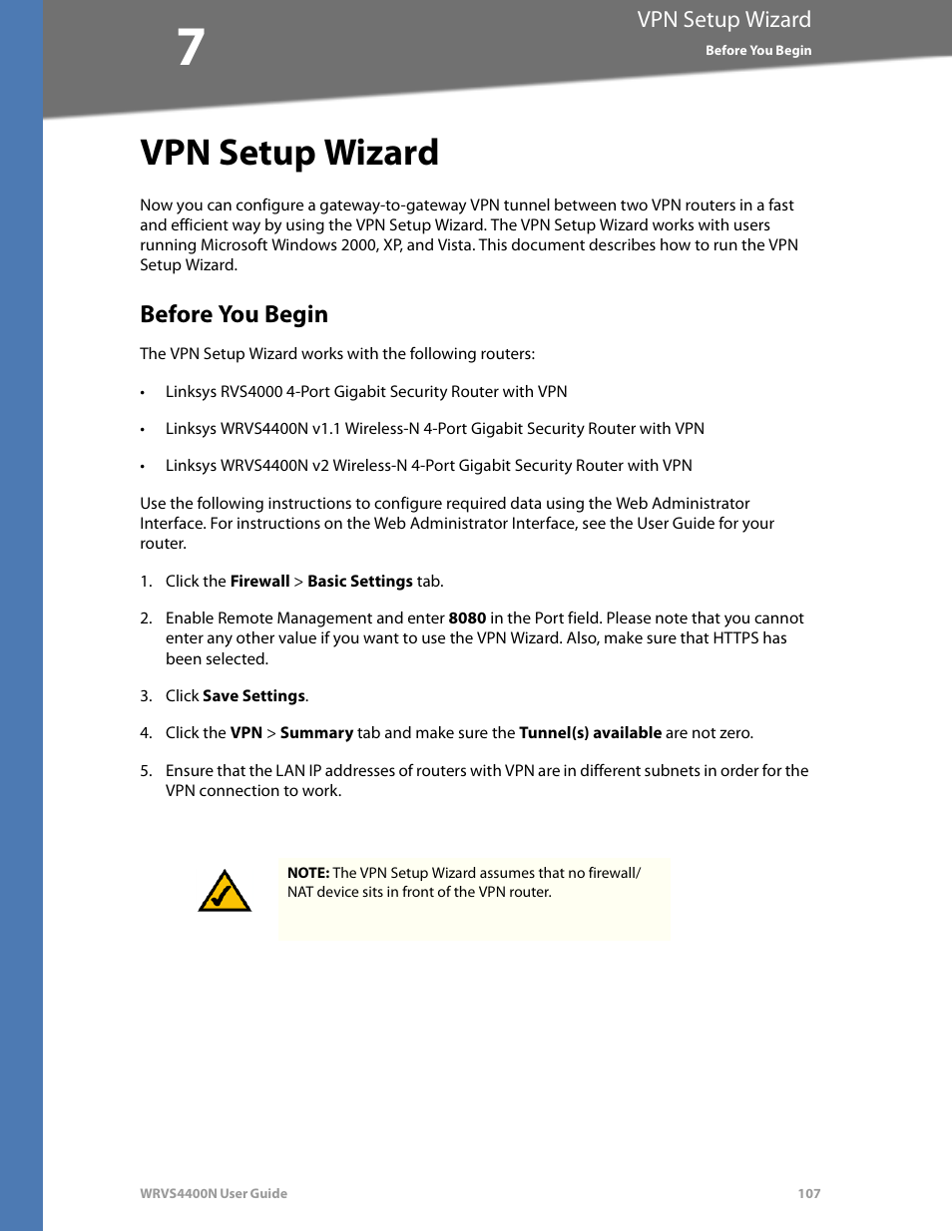Vpn setup wizard, Before you begin, Chapter 7, "vpn setup wizard | Linksys WRVS4400N User Manual | Page 113 / 180