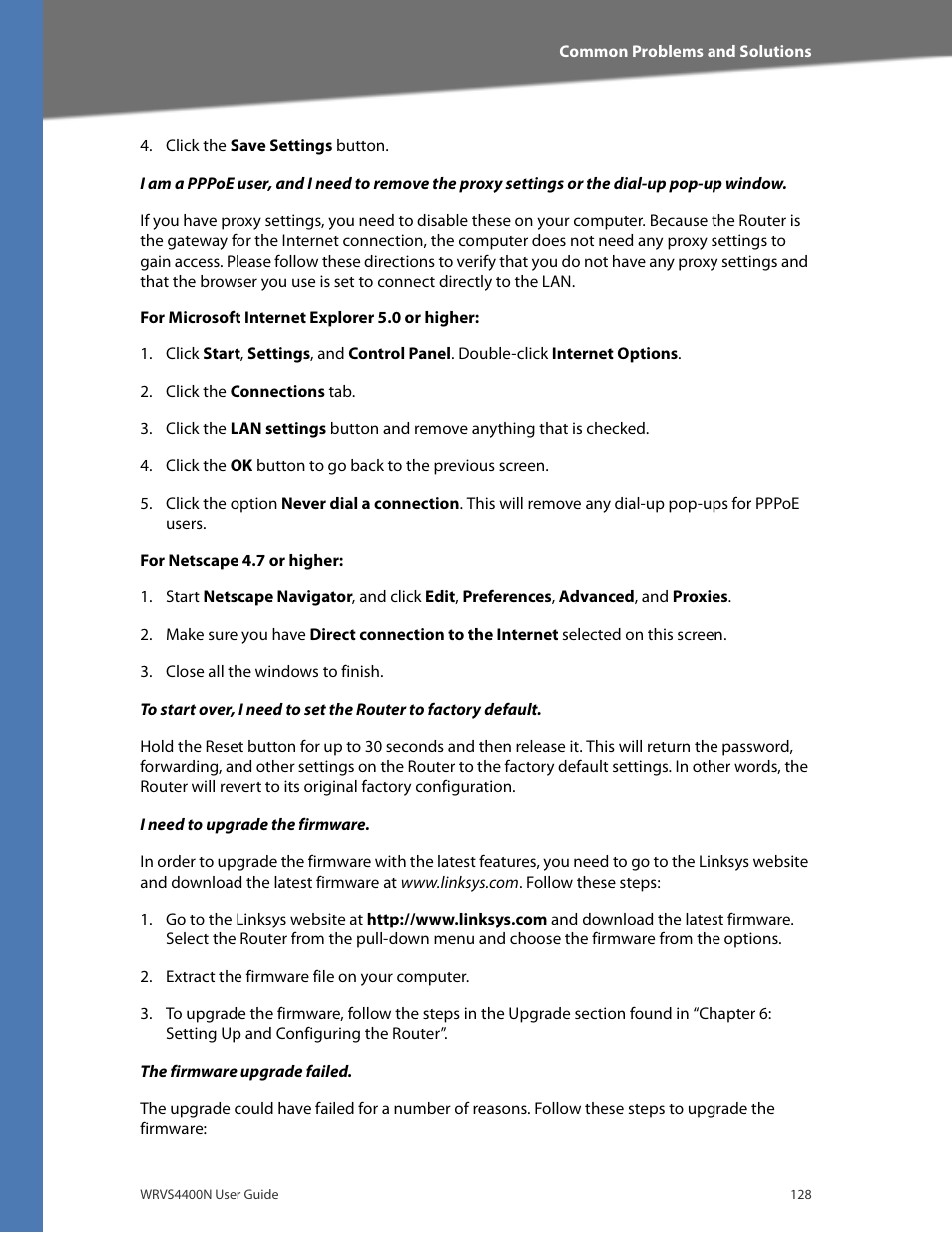 For microsoft internet explorer 5.0 or higher, For netscape 4.7 or higher | Linksys WRVS4400N User Manual | Page 134 / 180