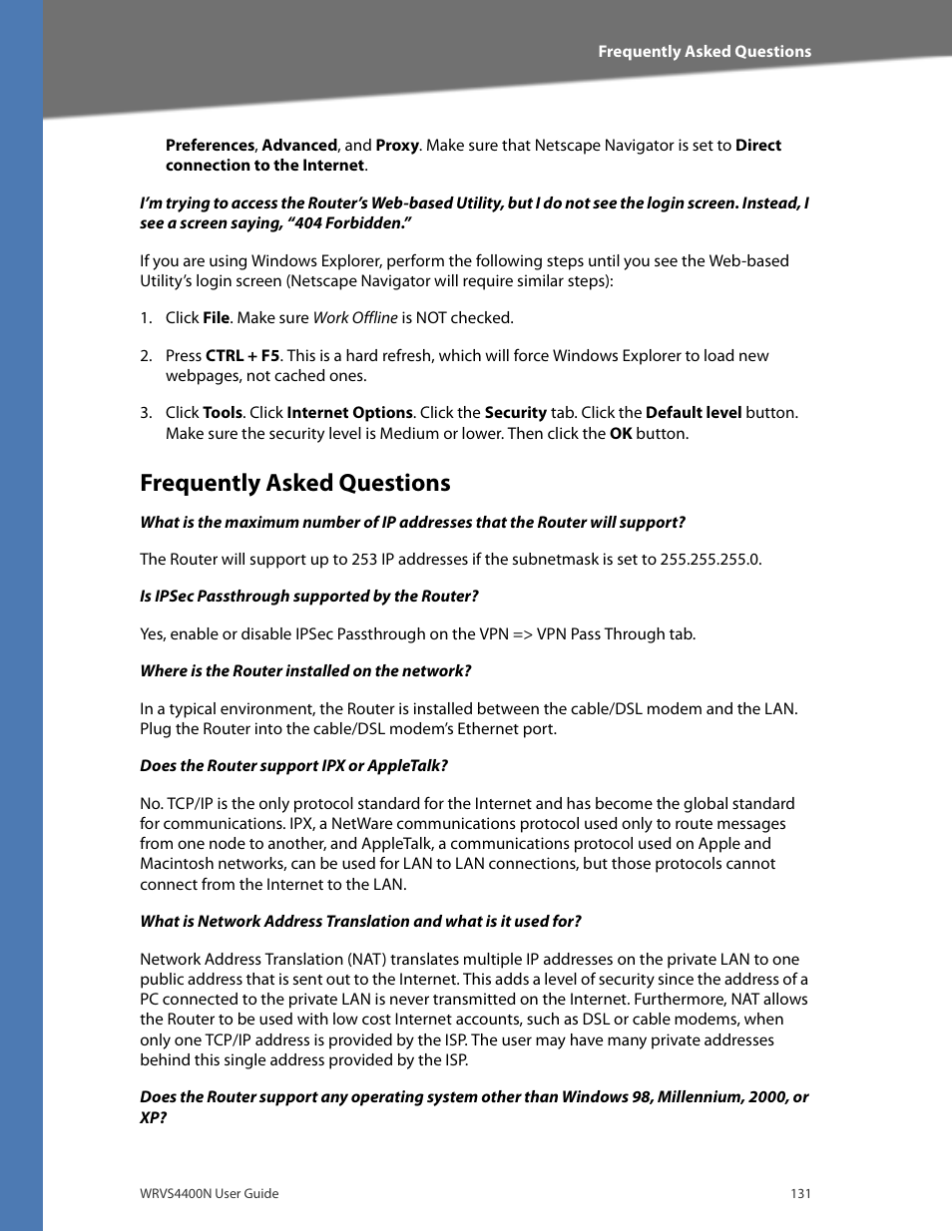 Frequently asked questions | Linksys WRVS4400N User Manual | Page 137 / 180