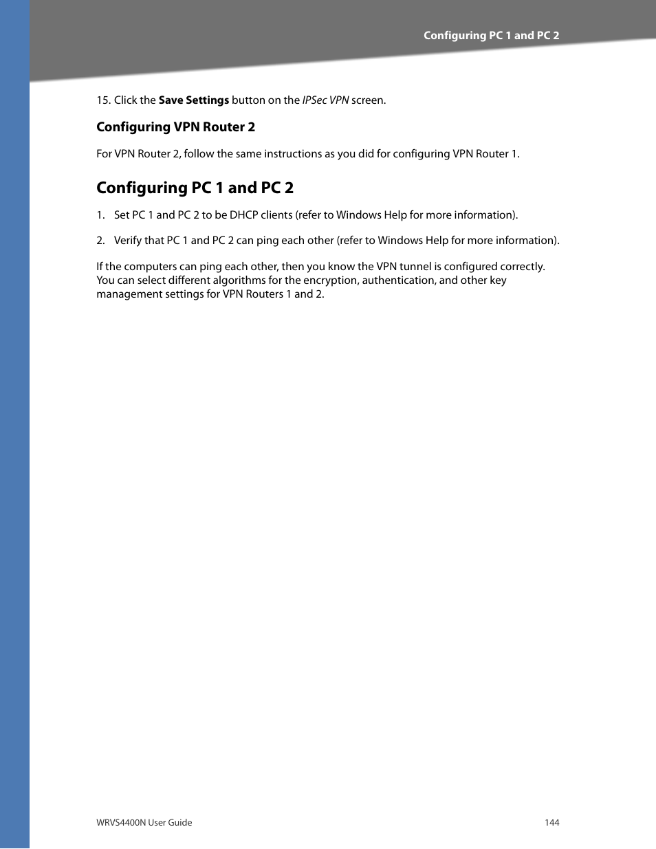 Configuring vpn router 2, Configuring pc 1 and pc 2 | Linksys WRVS4400N User Manual | Page 150 / 180