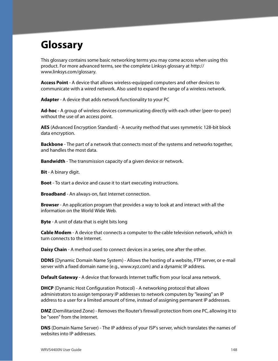 Appendix e, "glossary, Glossary | Linksys WRVS4400N User Manual | Page 154 / 180