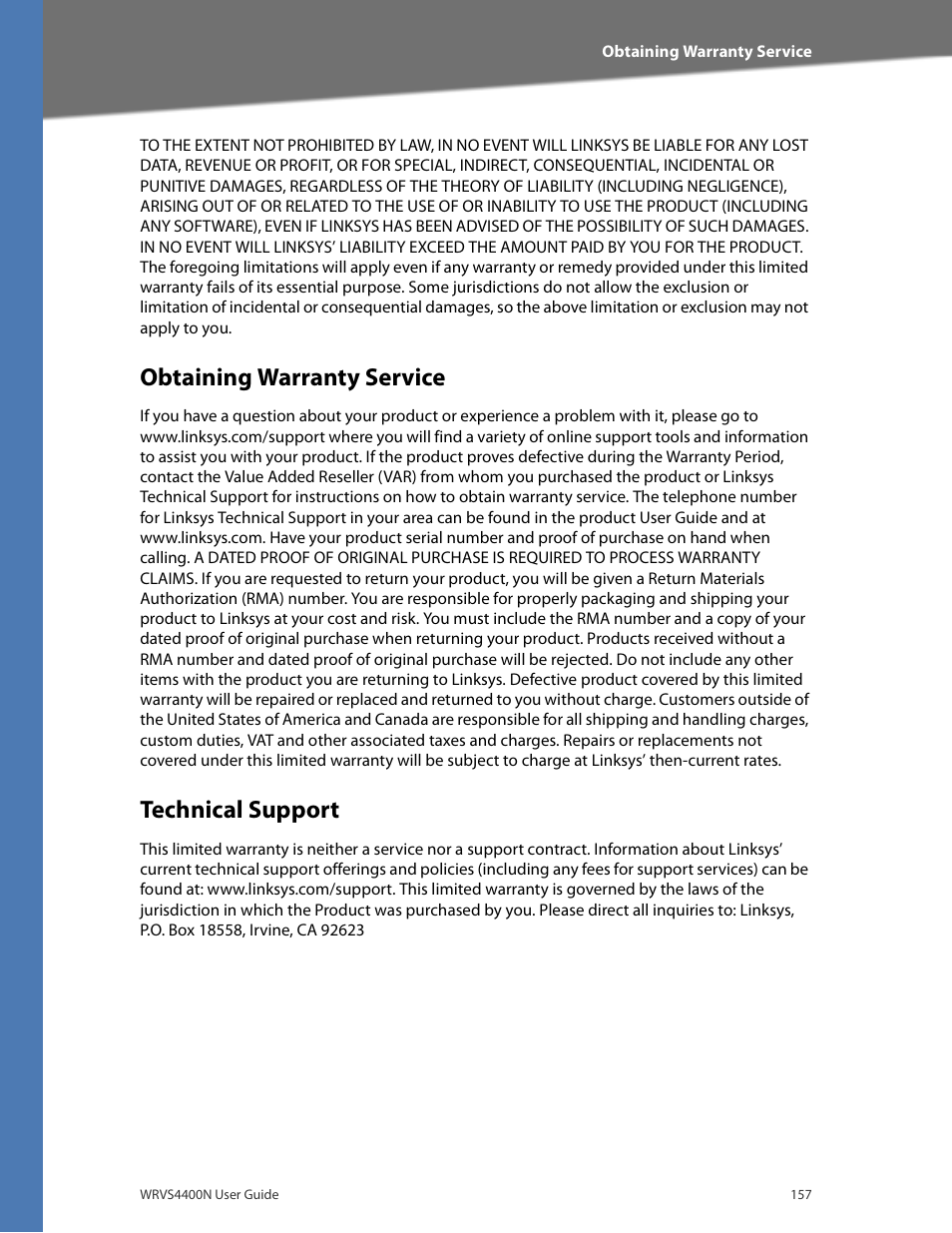 Obtaining warranty service, Technical support | Linksys WRVS4400N User Manual | Page 163 / 180