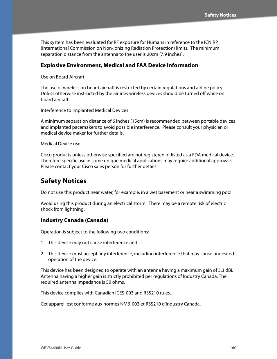 Safety notices, Industry canada (canada) | Linksys WRVS4400N User Manual | Page 166 / 180