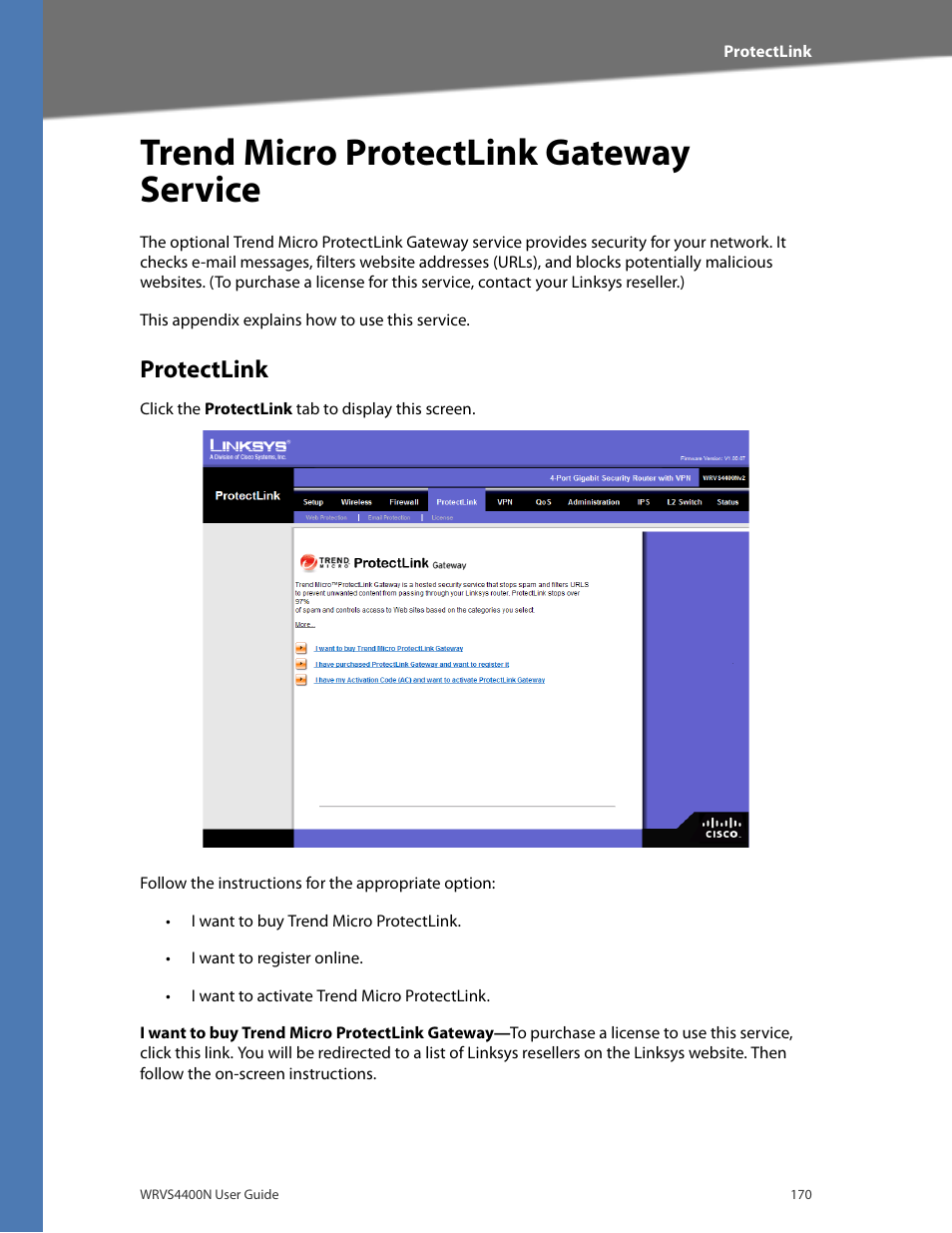 Protectlink, Trend micro protectlink gateway service | Linksys WRVS4400N User Manual | Page 176 / 180